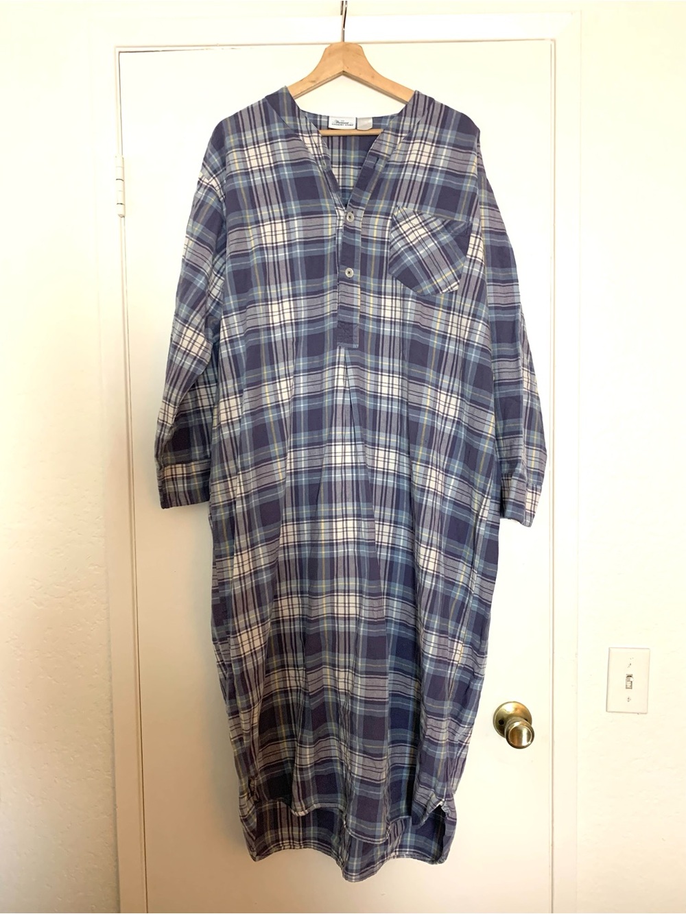 Vintage Country Store Plaid Maxi House Coat Dress Robe Grey Blue
